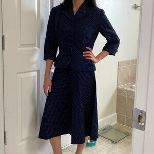 Mid-Century 1950s Navy Polka Dot Peplum Suit